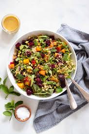 Warm Quinoa Bowl with Roasted Beetroot, Salmon & Orange-Dill Dressing